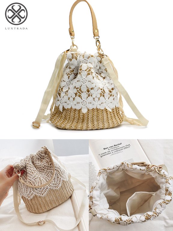 Straw Shoulder Bag Bucket Bohemia Summer Rattan Handbag Vocation Woven Tote Lace Crossbody Shoulder Bag Purse