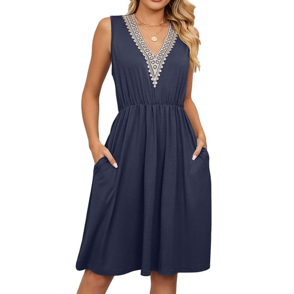 Luxtrada Summer Dresses for Women, Bohemian Midi Dresses Solid Color Lace Stitch V-Neck Sleeveless Retraction Waist Sundresses (Navy,M)