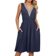 thumbnail image 1 of Luxtrada Summer Dresses for Women, Bohemian Midi Dresses Solid Color Lace Stitch V-Neck Sleeveless Retraction Waist Sundresses (Navy,S), 1 of 9