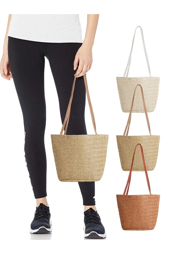 Summer Single Shoulder Bag Straw Beach Bag Buckets Totes Handbag Shoulder Bag Tote Bag for Women Girls (White)