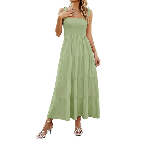 Luxtrada Summer Spaghetti Strap Square Neck Ruffle Long Dress Beach Sexy Backless Vacation Style Camisole Dress for Women (Green,2XL)