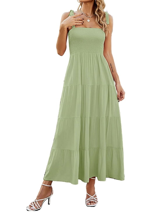 Summer Spaghetti Strap Square Neck Ruffle Long Dress Beach Sexy Backless Vacation Style Camisole Dress for Women (Green,M)