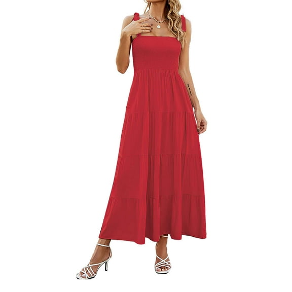 Luxtrada Summer Spaghetti Strap Square Neck Ruffle Long Dress Beach Sexy Backless Vacation Style Camisole Dress for Women (Red,M)