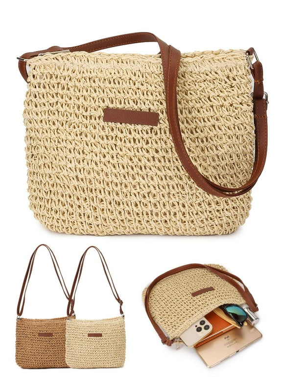 Summer Straw Crossbody Bag Women Beach Woven Shoulder Handbag Purse For Women (Beige)