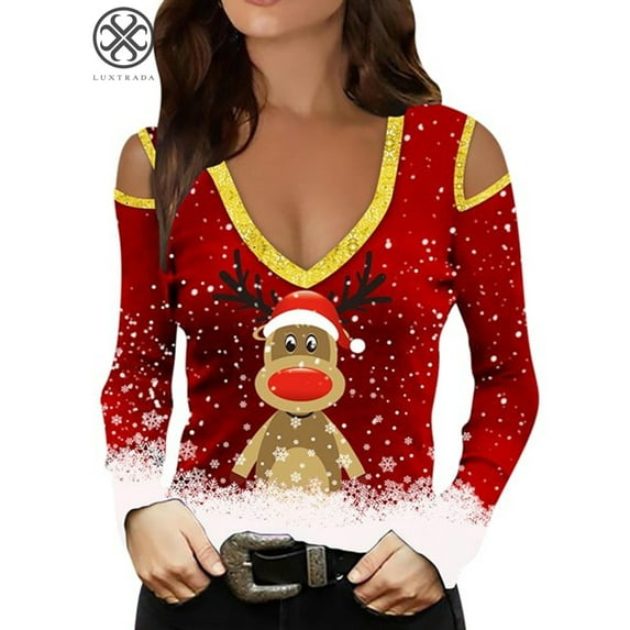 Luxtrada Sweatshirt Women Fashion Christmas Elk Print Sexy Off-the-shoulder Top Trumpet Long Sleeve T-shirt
