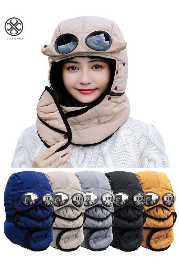 Thermal Winter Trapper Hat with Glasses Ski Hunting Trapper Hat Autumn Winter Cycling Windproof Outdoor Cap (Beige)