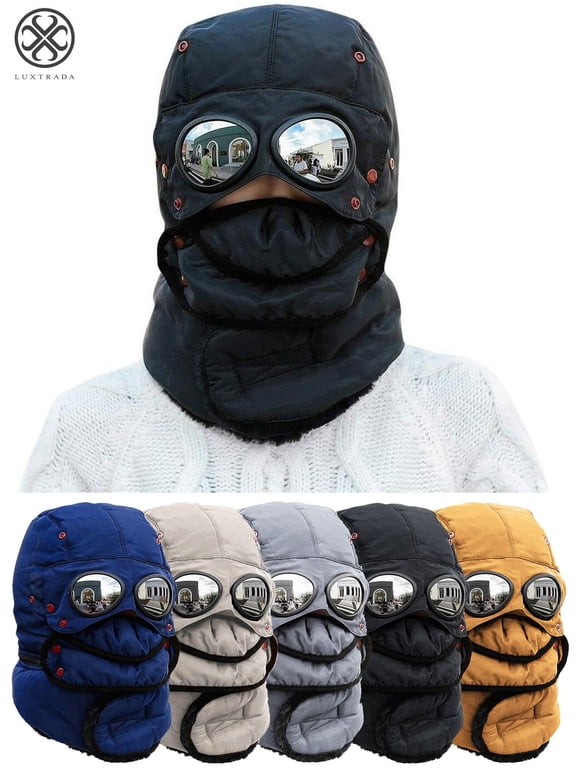 Thermal Winter Trapper Hat with Glasses Ski Hunting Trapper Hat Autumn Winter Cycling Windproof Outdoor Cap (Black)