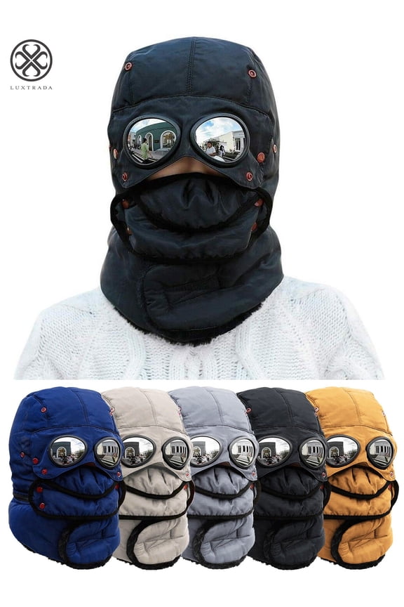 Thermal Winter Trapper Hat with Glasses Ski Hunting Trapper Hat Autumn Winter Cycling Windproof Outdoor Cap (Black)