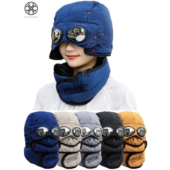 Luxtrada Thermal Winter Trapper Hat with Glasses Ski Hunting Trapper Hat Autumn Winter Cycling Windproof Outdoor Cap (Navy blue)