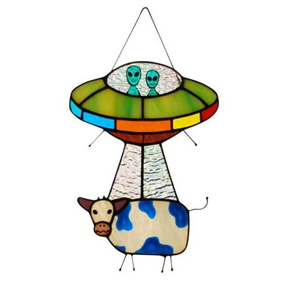 Luxtrada UFO Alien Cow Pendant Ornaments Stained Glass Window Panel,Creative Spaceship Garden for Windows Doors