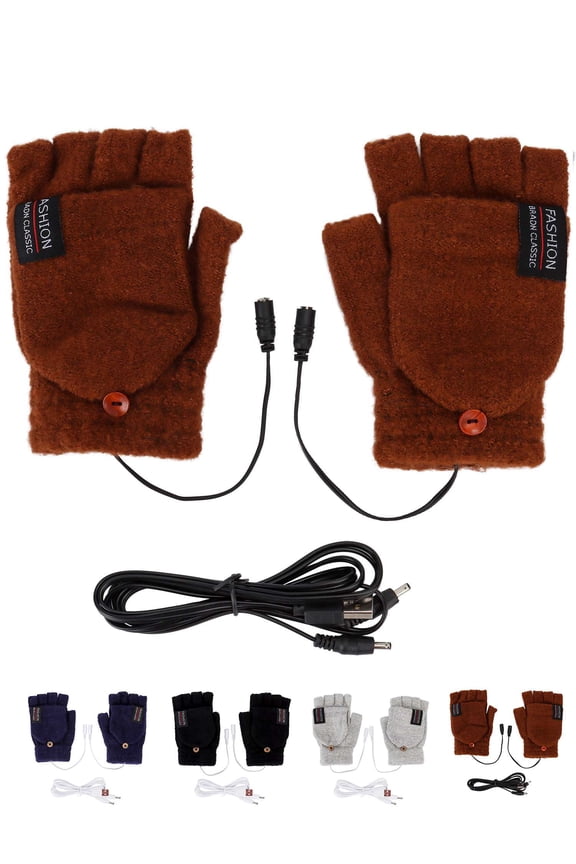 USB Heated Gloves for Women & Men, Winter Warm Laptop Gloves, Finger Clamshell Knitting Heating Gloves (Brown)