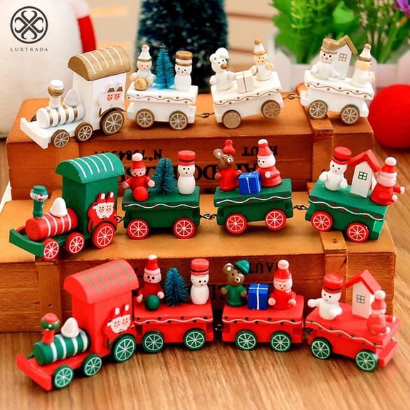 Luxtrada Upgraded Version Christmas Train Decor Gift Cute Wooden Mini Train Kids Gift Toys for Christmas Party Kindergarten Decoration (Green)
