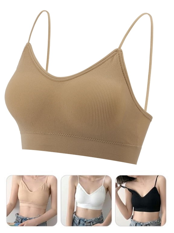V Neck Cami Bra Bralettes for Women Padded Seamless Bralette (Khaki,M)