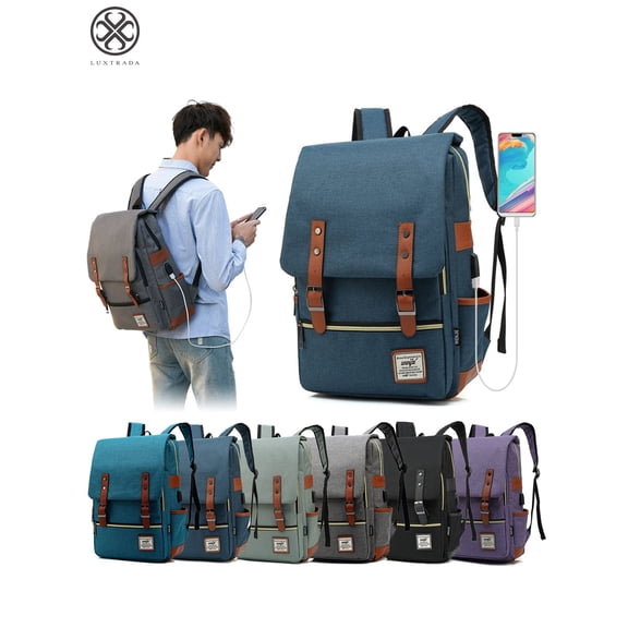 Luxtrada Vintage Laptop Backpack for Women Men, School College Backpack Travel Backpack with USB Charging Port Fashion Backpack (Dark Blue)