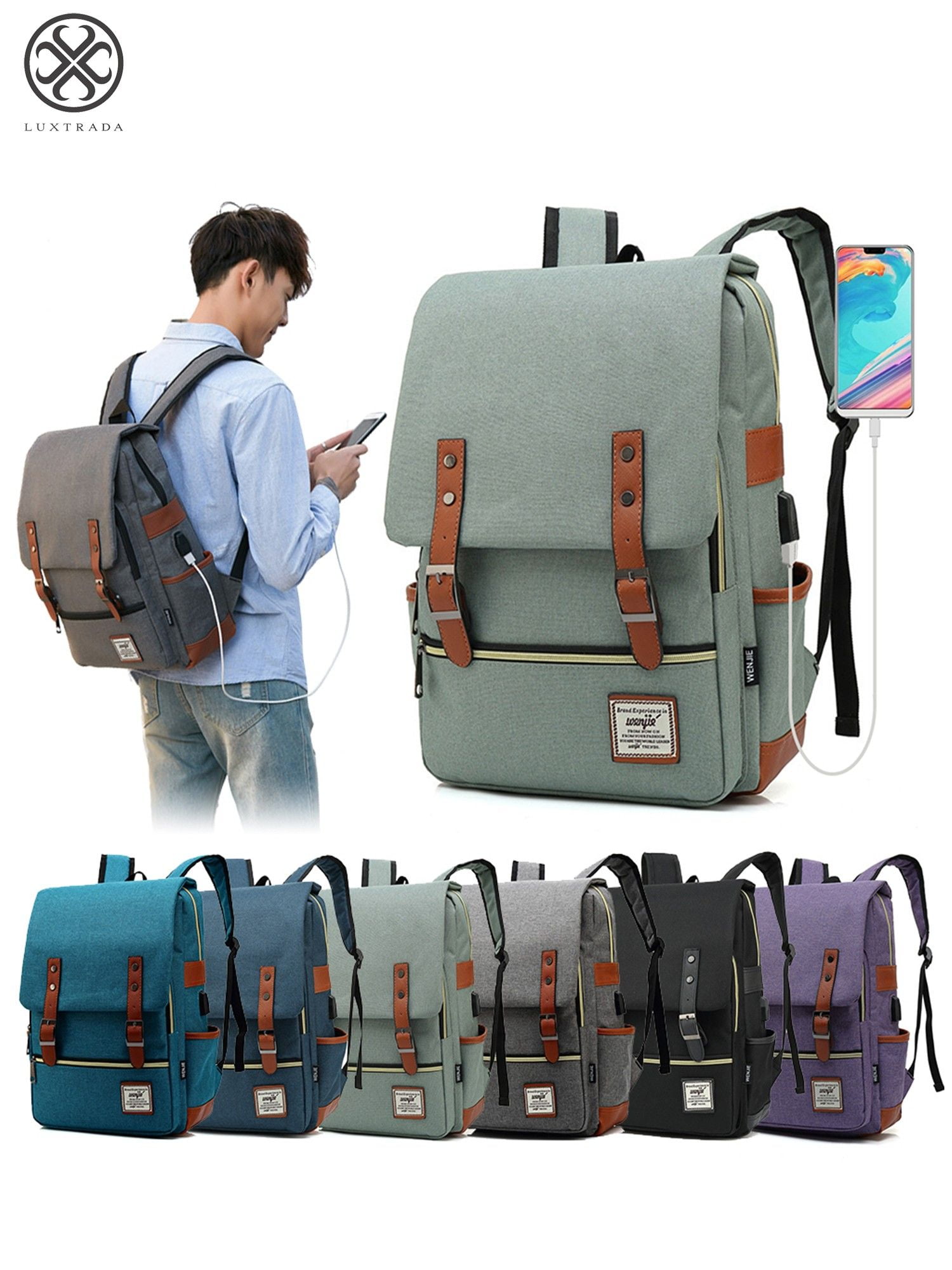 Vintage Laptop Backpack for Women Men,Travel with USB Charging Port 15.6In Green Mancio Vintage Laptop Business Backpack with USB Charging  main image 3
