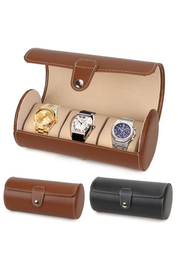 Watch Roll Display Box Leather Travel Case Wrist Watches 3-Slot Storage Pouch (Brown)