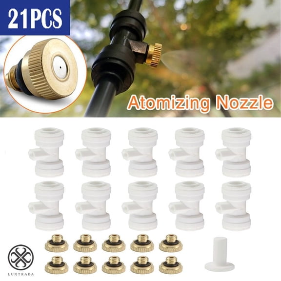 Luxtrada Water Brass Misting System Mister Nozzle with 1/4'' Slip-Lock, Threaded 10/24 UNC Mist Nozzle Opening, 10 Mist Nozzle + 10 Mist Seat + 1 Plug, Mist Nozzle Kit for Outdoor Patio Cooling System