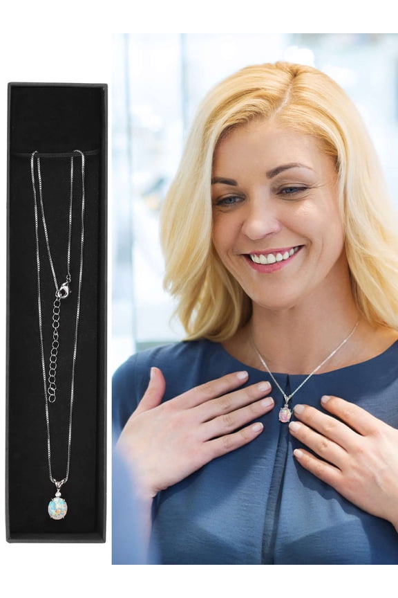 White Opal Stone Pendant Minimalist Droplet Fire Opal Necklace Sterling Silver & Box