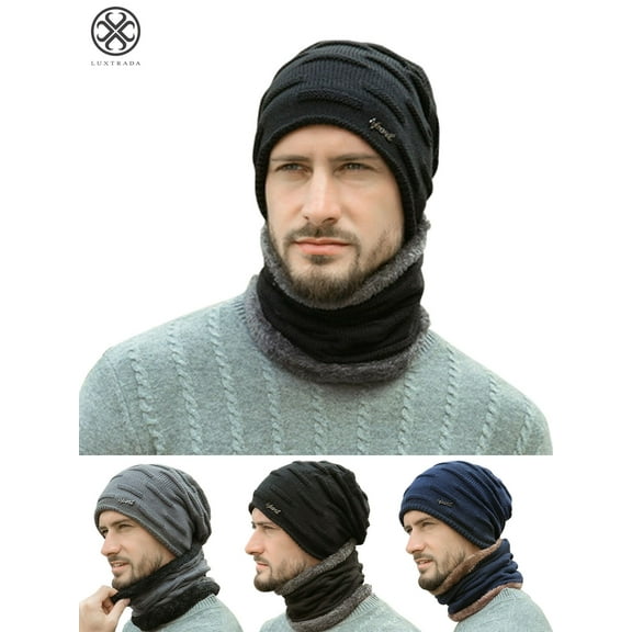 Luxtrada Winter Beanie Hat Scarf Set Warm Knit Hat Thick Knit Skull Cap For Men Women (Black)