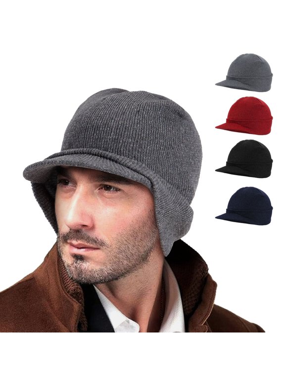 Winter Beanie w/Visor & Earflaps for Men Outdoor Fleece Hat Scarf Set (Gray)