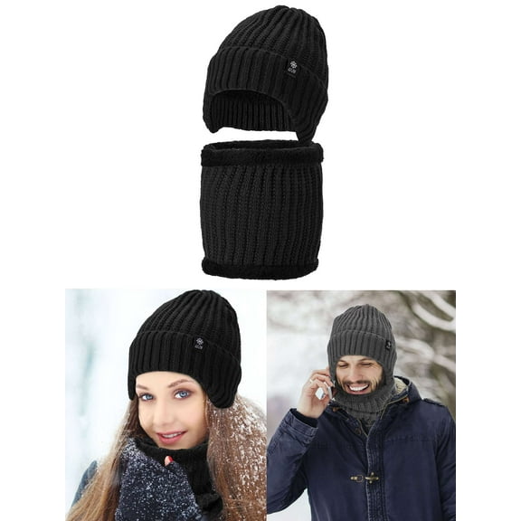 Luxtrada Winter Hats Scarf Set, Head Warmer Warm Winter Hats Neck Scarves Warm Knit Ski Beanie Hats for Men Women (Black)