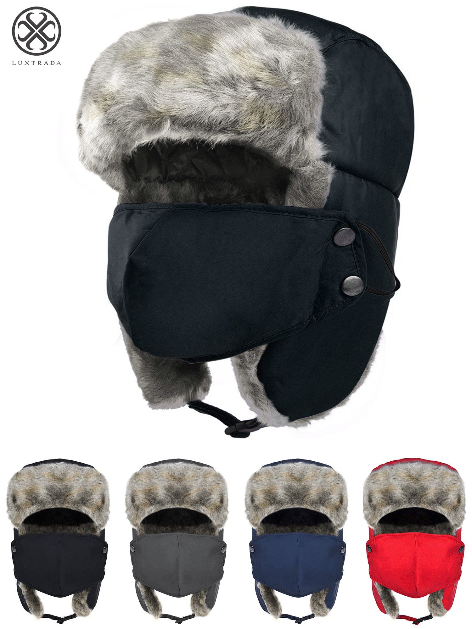 Luxtrada Winter Hats for Men and Women Trooper Hunting Hat Ushanka Hat Ski Hat with Ear Flaps Windproof Waterproof Warm Hat (Black) - image 1 of 10
