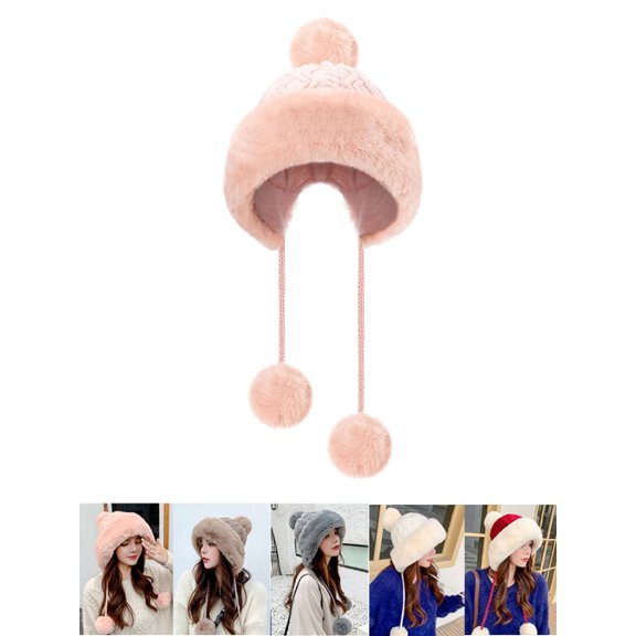 Luxtrada Winter Skull Beanie Hat Women Faux Fur Knit Warm Soft Ski Cap Fleece Ear Flaps for Daily Wear (Pink)