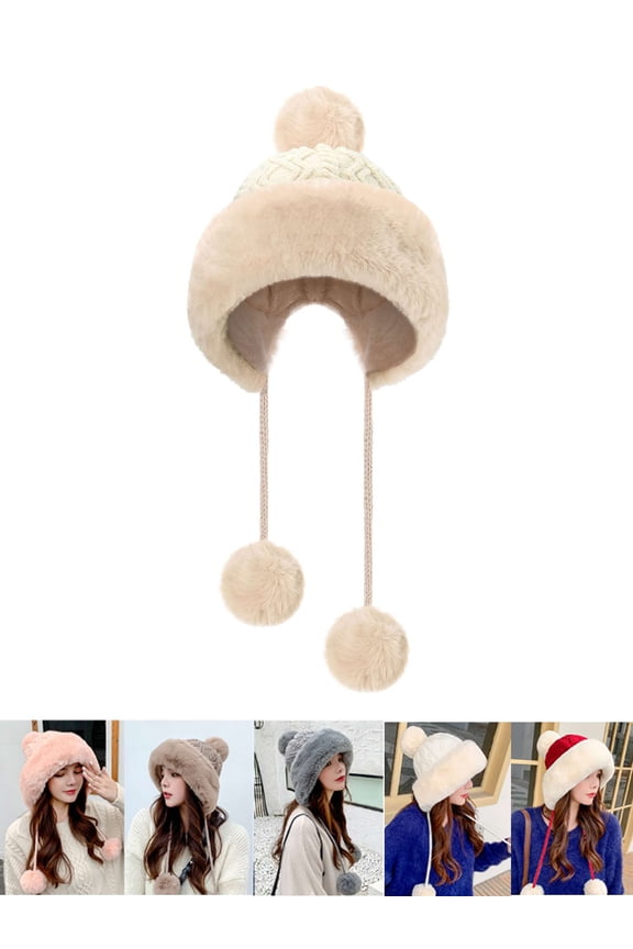 Winter Skull Beanie Hat Women Faux Fur Knit Warm Soft Ski Cap Fleece Ear Flaps for Daily Wear (White)