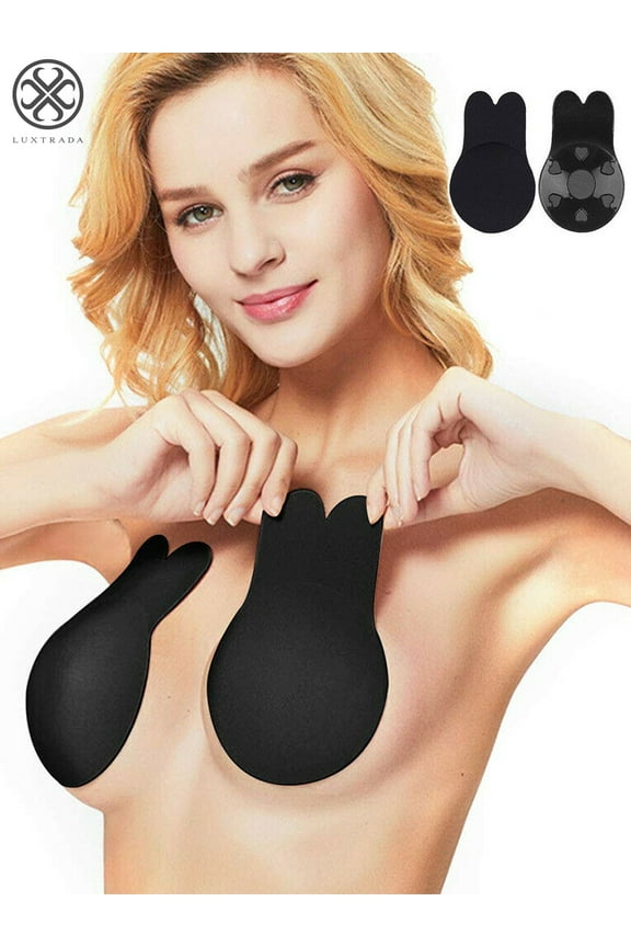 Women Adhesive Lift Invisible Bra Backless Nipplecovers Push Up Bra Strapless Sticky Rabbit Ear "Black, A-B Cup"