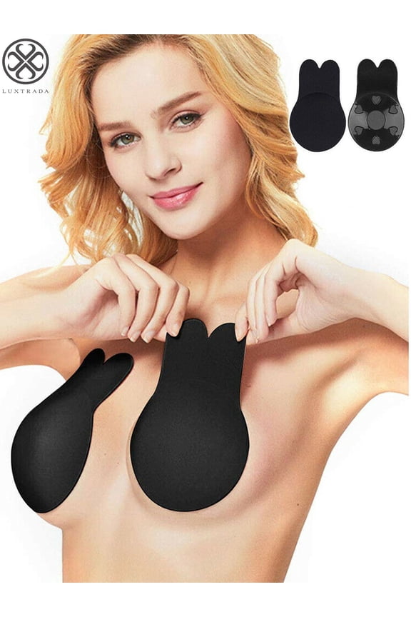 Women Adhesive Lift Invisible Bra Backless Nipplecovers Push Up Bra Strapless Sticky Rabbit Ear "Black, E Cup"
