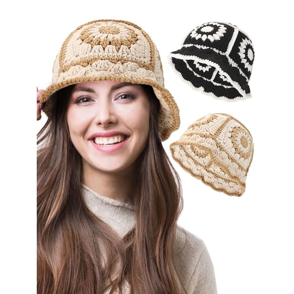 Luxtrada Women Crochet Bucket Hat Cute Flower Pattern Knitted Fisherman Hat Summer Winter Trendy Outdoor Wide Brim Sun Cap (Beige)