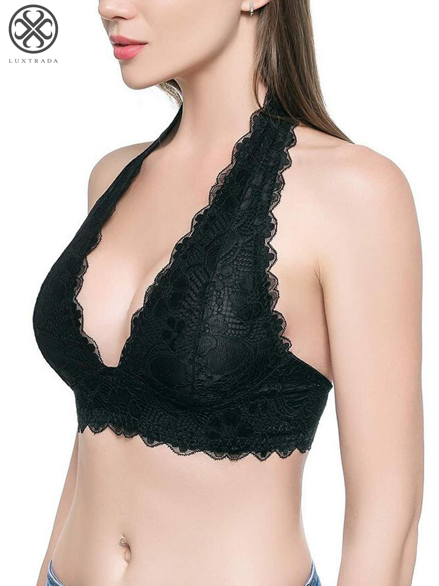Luxtrada Women Lace Bra Halter Bralette Underwear Deep V Lingerie Bra Tops  Bustier Bralette M, Black 