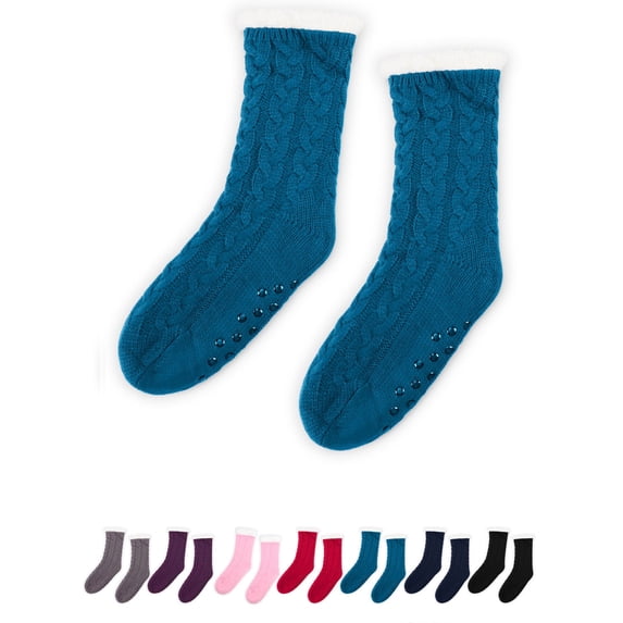 Luxtrada Women Men Slipper Socks with Grips Non Slip Soft Cozy Fuzzy Fleece Lined Socks for Cold Winter (Lake Blue)
