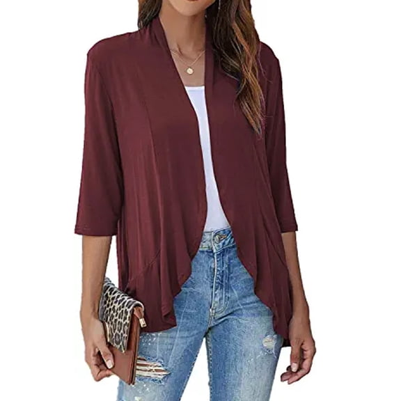 Luxtrada Women Open Front Cardigan Solid 3/4 Sleeve Loose Collar Draped Ruffles Cardigan (Red,L)