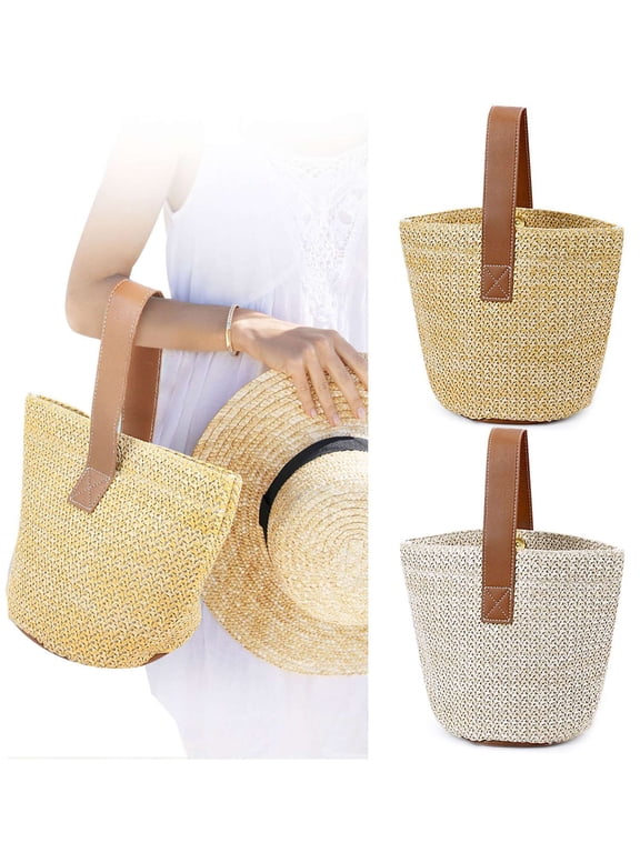 Women Rattan Wicker Straw Woven Crossbody Beach Bag Tote Shoulder Bag BasketGift (Beige)