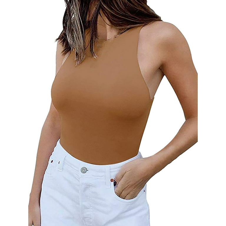 Luxtrada Women Sexy Sleeveless Bodysuit Halter Neck Tank Tops with Panty  High Cut Bodysuit Tank Top (L, Khaki) 