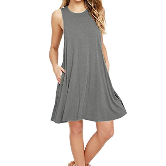 Luxtrada Women Sleeveless Summer Casual T Shirt Dresses Beach Cover up Plain Pleated Tank Dress With Pocket (Gray,M)