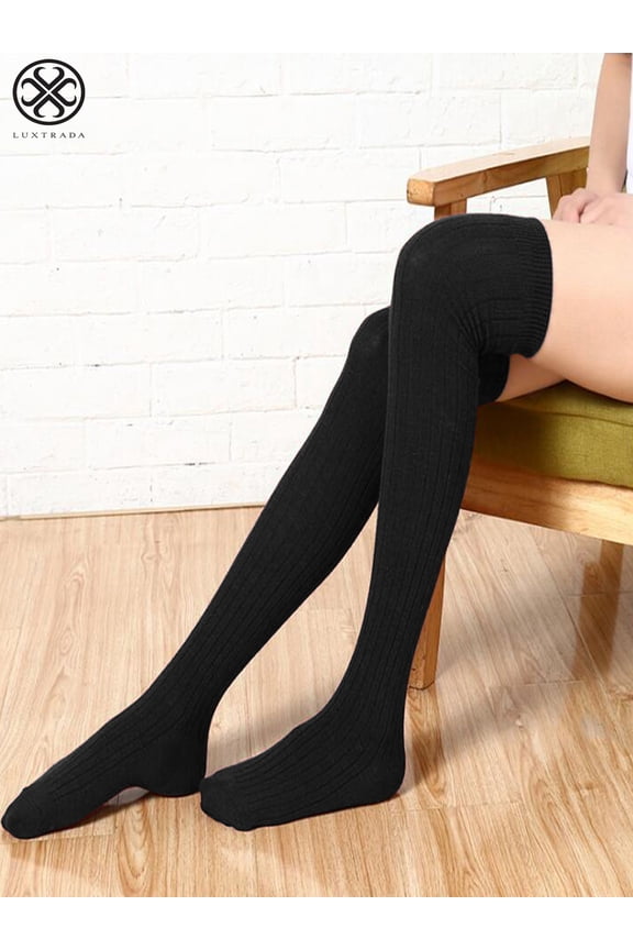 Women Spring Soft Cable Knit Over Knee Long Boot Thigh High Warm Socks Leggings (Black)