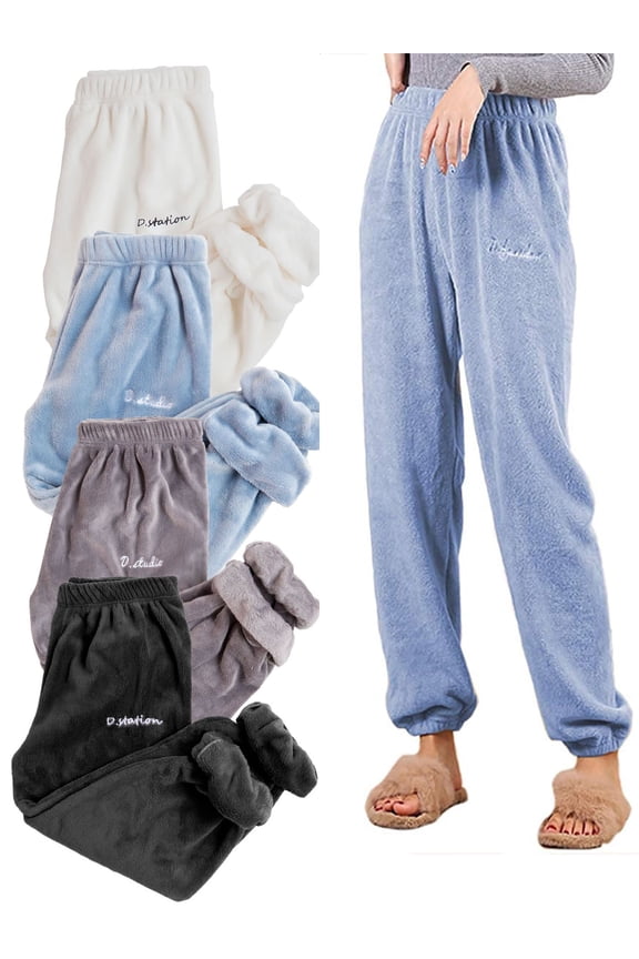 Women Warm Coral Fleece Plush Pajama Pants Winter Thick Casual Lounge Pants (White)