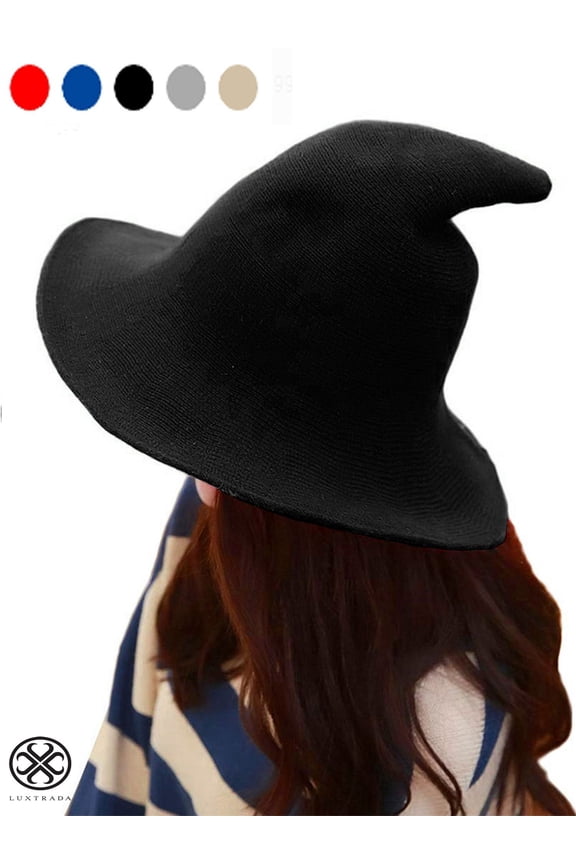 Women Witch Hat Sheep Wool Christmas Halloween Foldable Costume Ball Sun Cap Caps Knitted Wizard's Bucket for Winter (Black)