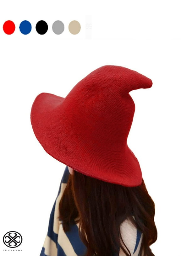Women Witch Hat Sheep Wool Christmas Halloween Foldable Costume Ball Sun Cap Caps Knitted Wizard's Bucket for Winter (Red)