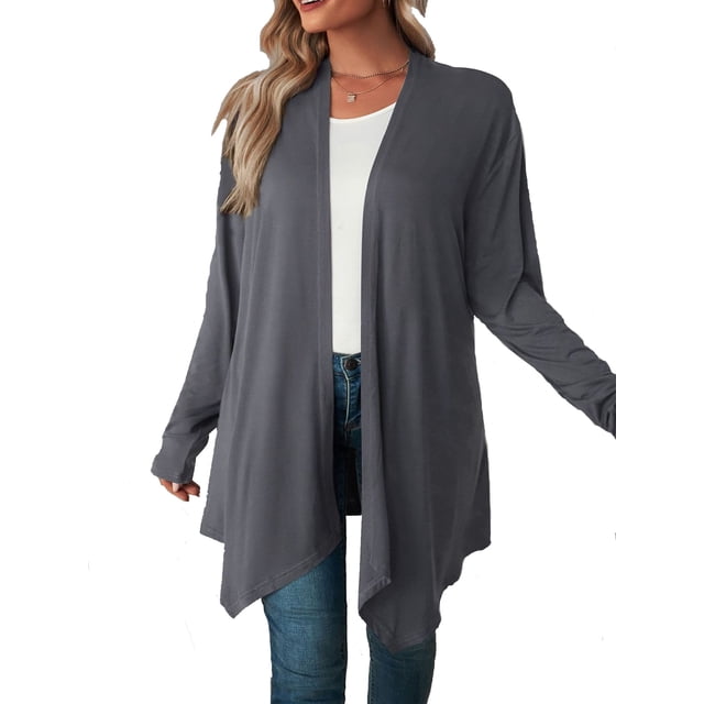 Luxtrada Women's Draped Front Open Cardigan Casual Long Sleeve Lightweight Cardigan (Gray,M)