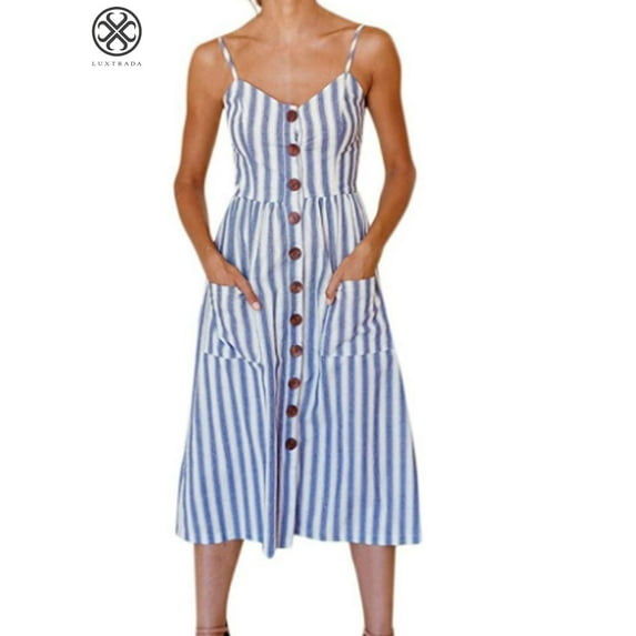 Luxtrada Women's Dresses Summer Boho Floral Spaghetti Strap Button Down Belt Swing A line Midi Dress with Pockets (Stripe Blue,M)
