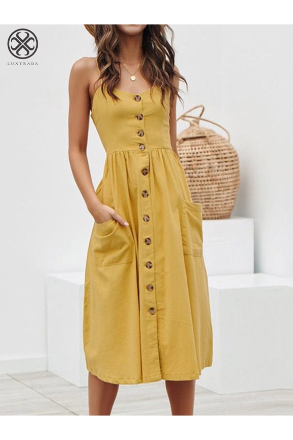 Women's Dresses Summer Boho Floral Spaghetti Strap Button Down Belt Swing A line Midi Dress with Pockets (Yellow ,L)
