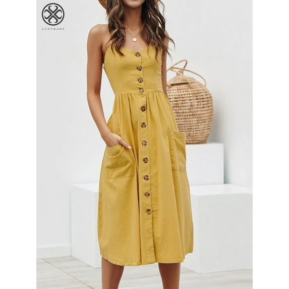 Luxtrada Women's Dresses Summer Boho Floral Spaghetti Strap Button Down Belt Swing A line Midi Dress with Pockets (Yellow ,S)