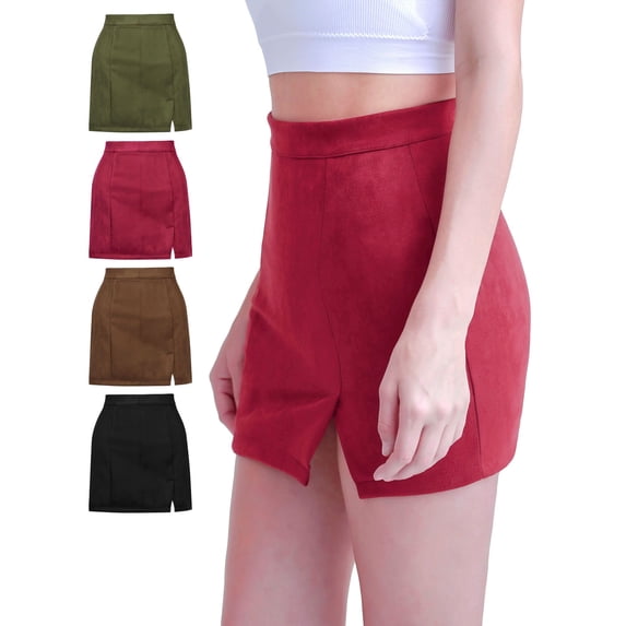 Luxtrada Women's Faux Suede High Waist A-line Split Mini Skirt (Red,L)