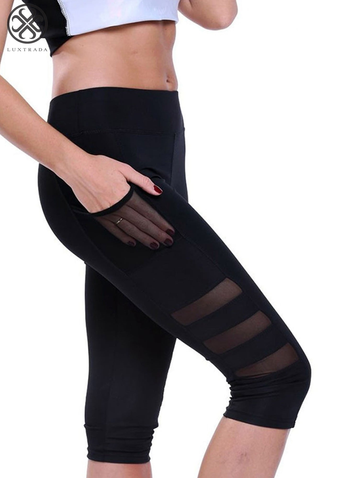 Luxtrada Women's Hight Waist Yoga Pants Mesh Running Pants Capri with Side  Pockets Tummy Control Workout Sports Leggings Size XL