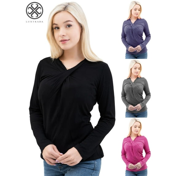 Luxtrada Women's Long Sleeves Cross Wrapped Neckline Top Tee Shirt Blouse Casual Top