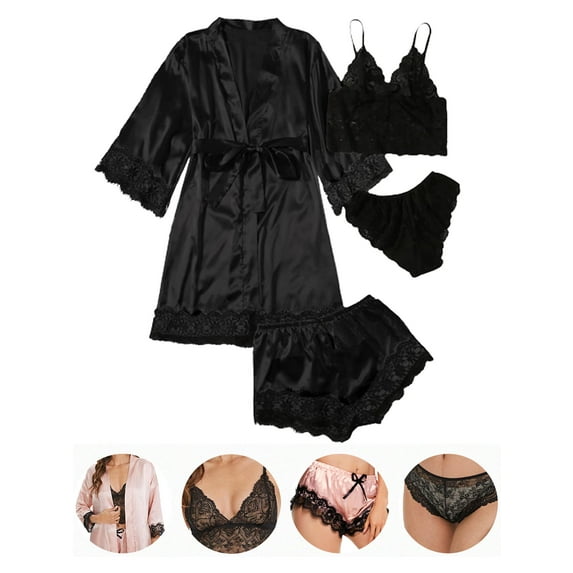 Luxtrada Women's Satin Pajama Set 4pcs Floral Lace Trim Cami Lingerie Sleepwear with Robe (Black,S)
