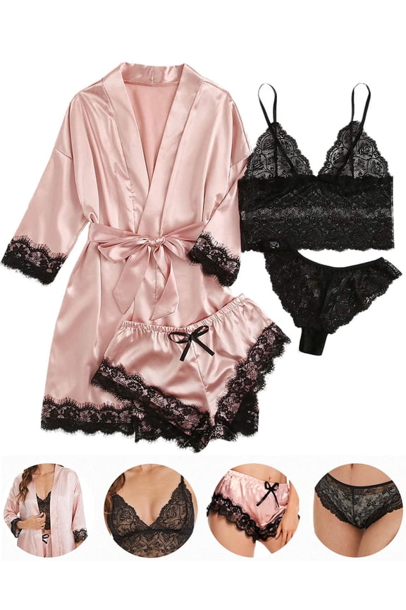 Women's Satin Pajama Set 4pcs Floral Lace Trim Cami Lingerie Sleepwear with Robe (Pink,L)
